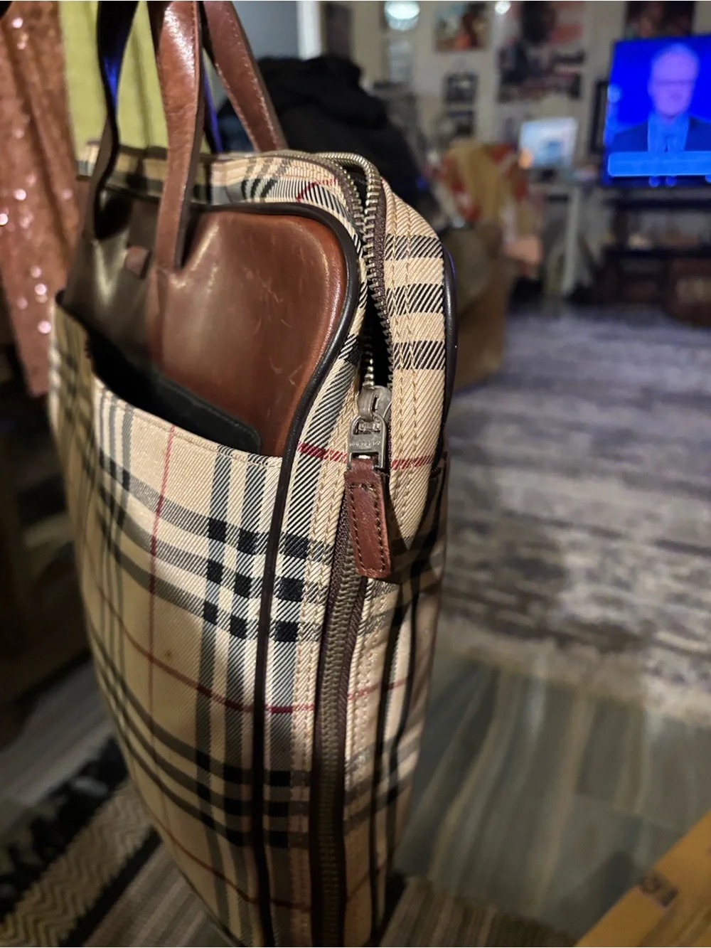 Burberry Beige Check Briefcase with Brown Leather Trim - Men/Women #0127